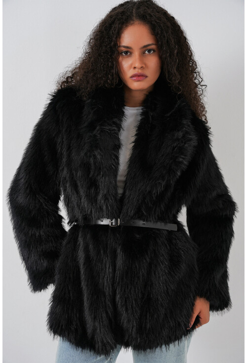 Kadın Kemerli Oversize Kürklü Kaban