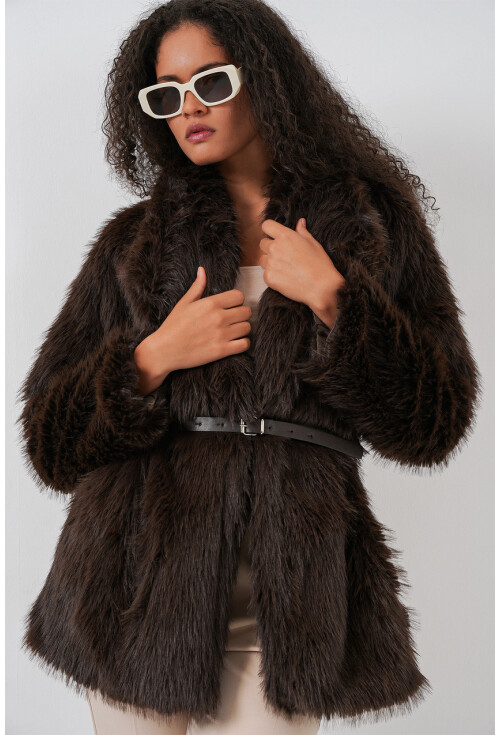 Kadın Kemerli Oversize Kürklü Kaban