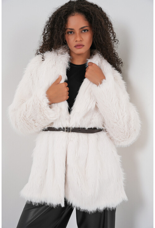 Kadın Kemerli Oversize Kürklü Kaban