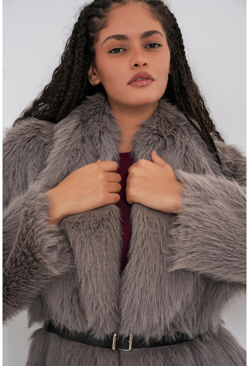 Kadın Kemerli Oversize Kürklü Kaban