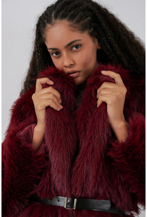 Kadın Kemerli Oversize Kürklü Kaban