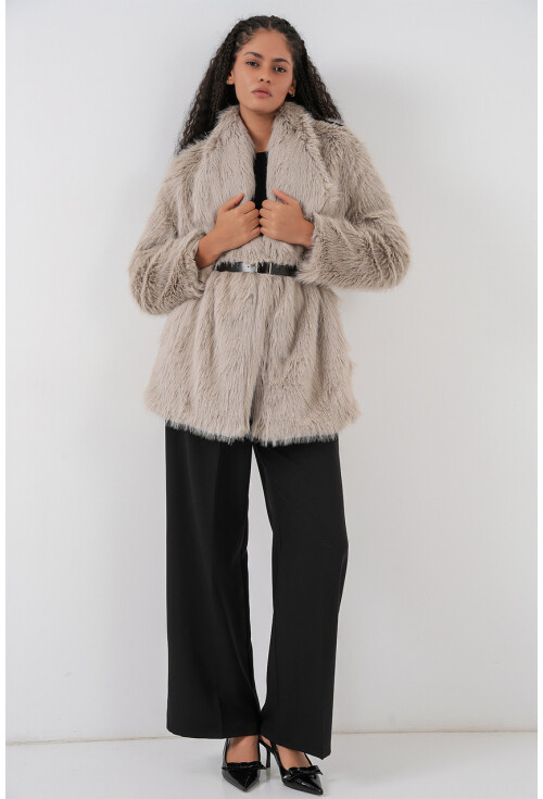 Kadın Kemerli Oversize Kürklü Kaban