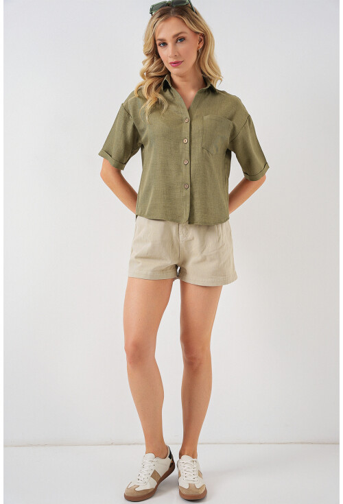 Kadın Keten Görünümlü Crop Gömlek 20339