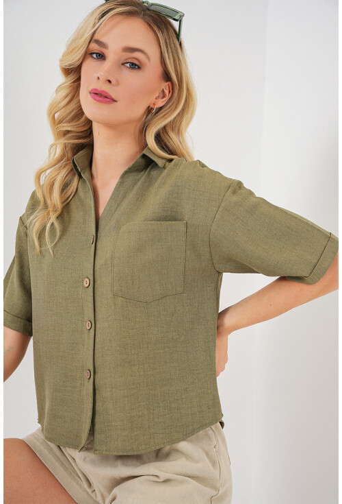 Kadın Keten Görünümlü Crop Gömlek 20339