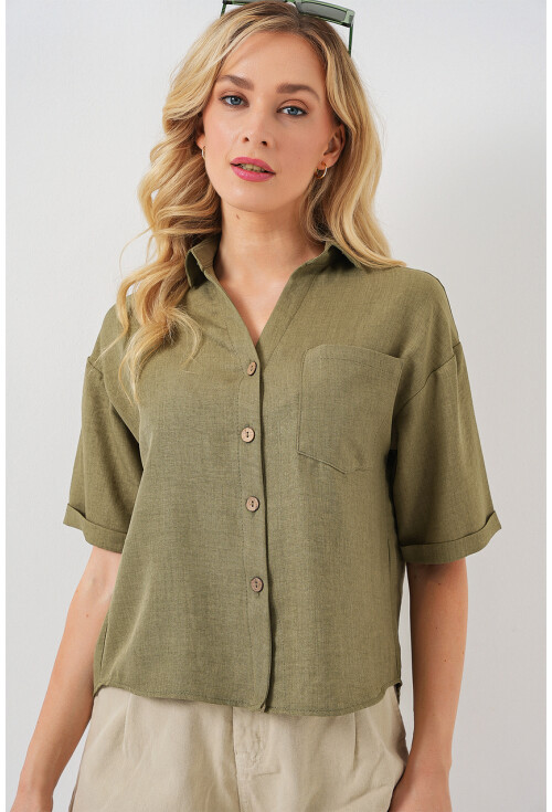 Kadın Keten Görünümlü Crop Gömlek 20339