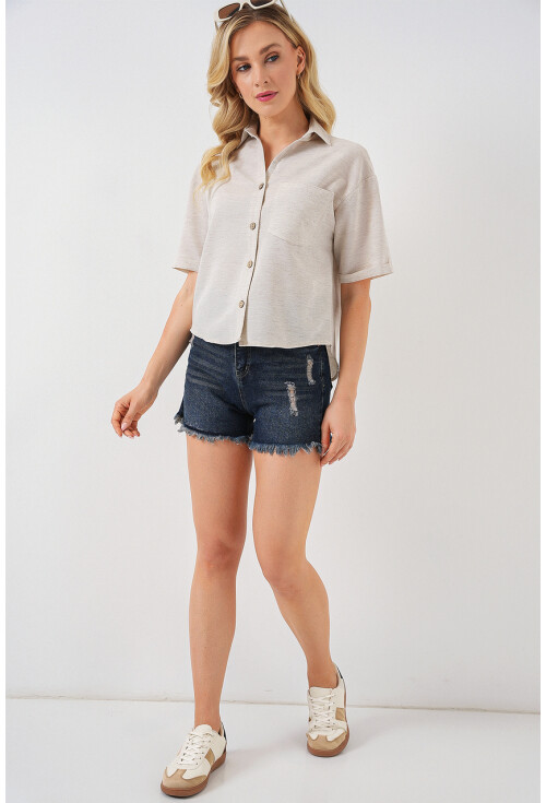 Kadın Keten Görünümlü Crop Gömlek 20339