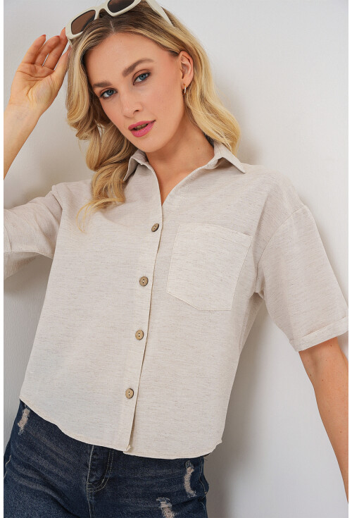 Kadın Keten Görünümlü Crop Gömlek 20339
