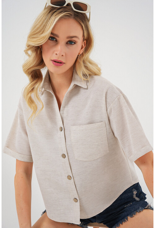 Kadın Keten Görünümlü Crop Gömlek 20339