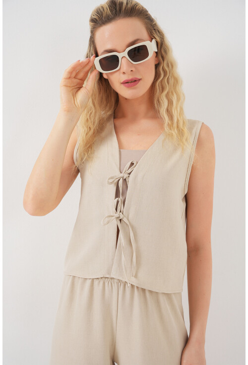 Kadın Keten Görünümlü Sıfır Kol İkili Takım 6746