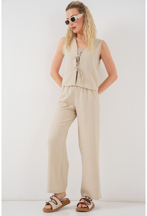 Kadın Keten Görünümlü Sıfır Kol İkili Takım 6746