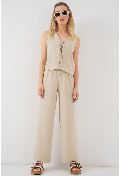 Kadın Keten Görünümlü Sıfır Kol İkili Takım 6746