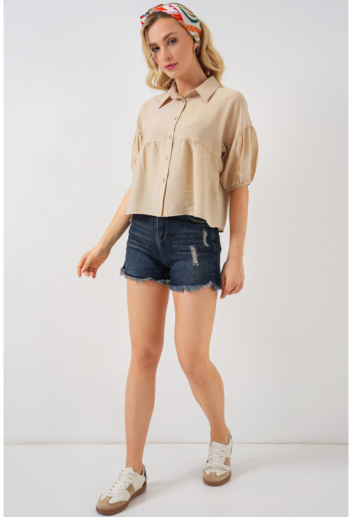 Kadın Kısa Kol Crop Gömlek 20335