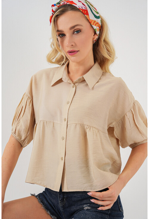 Kadın Kısa Kol Crop Gömlek 20335