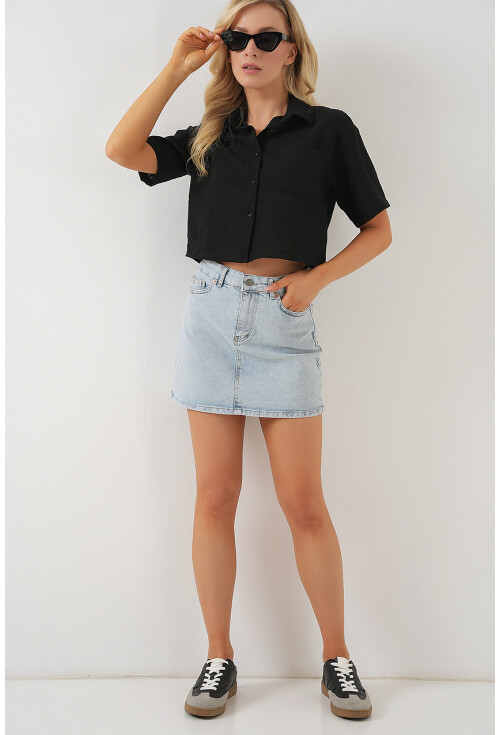 Kadın Kısa Kol Crop Gömlek 20341