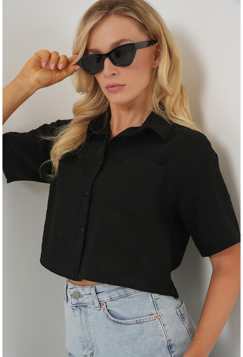 Kadın Kısa Kol Crop Gömlek 20341