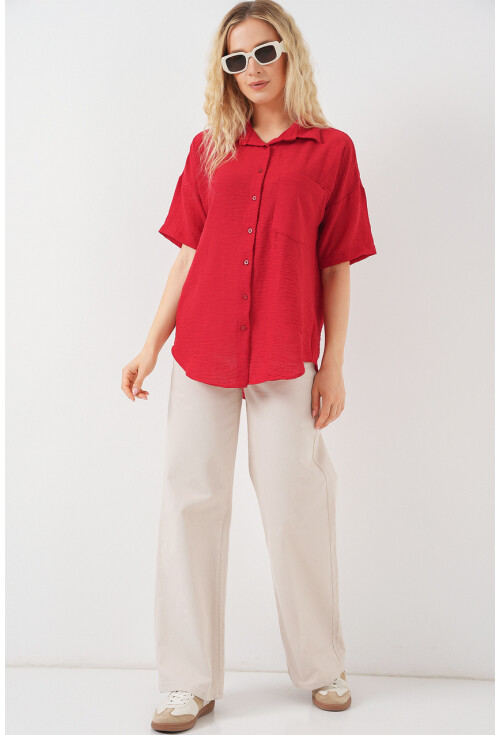 Kadın Kısa Kol Keten Görünümlü Gömlek 20336