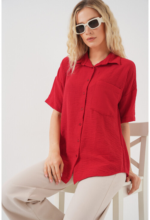 Kadın Kısa Kol Keten Görünümlü Gömlek 20336