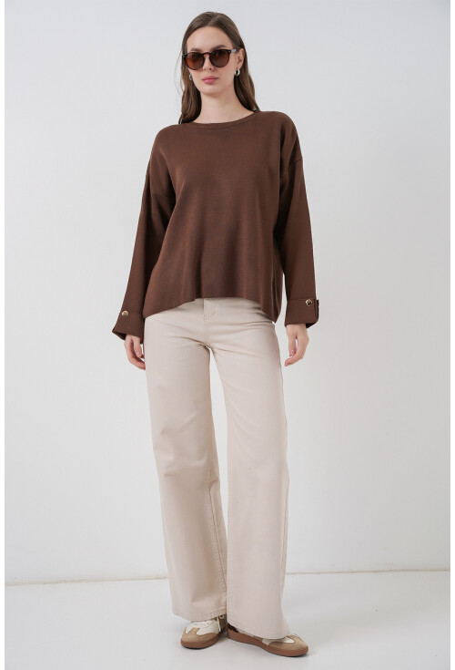 Kadın Kol Düğmeli Oversize Triko Kazak 15981