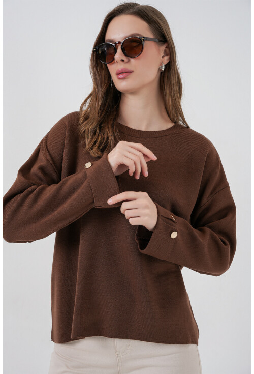 Kadın Kol Düğmeli Oversize Triko Kazak 15981