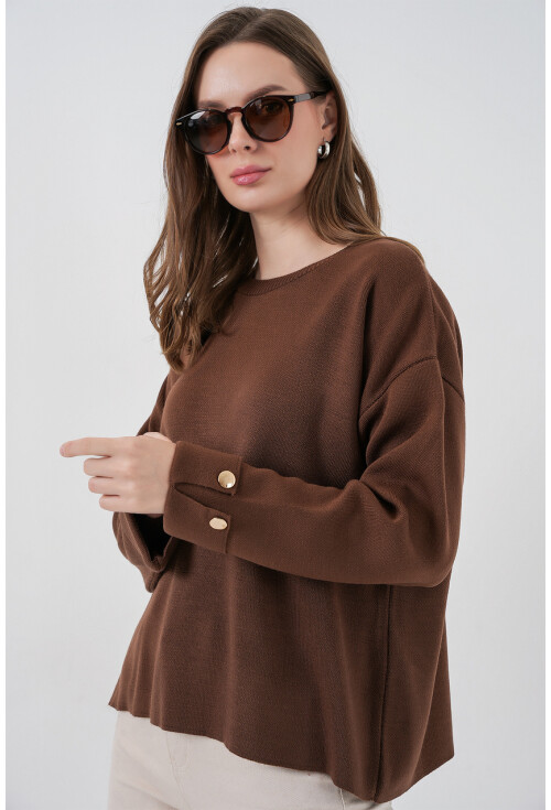 Kadın Kol Düğmeli Oversize Triko Kazak 15981