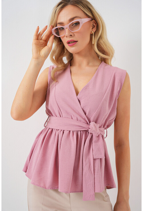 Kadın Kruvaze Yaka Kolsuz Bluz 966