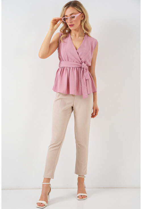 Kadın Kruvaze Yaka Kolsuz Bluz 966