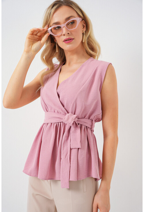 Kadın Kruvaze Yaka Kolsuz Bluz 966