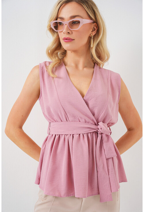 Kadın Kruvaze Yaka Kolsuz Bluz 966