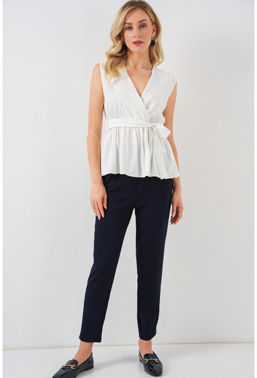 Kadın Kruvaze Yaka Kolsuz Bluz 966