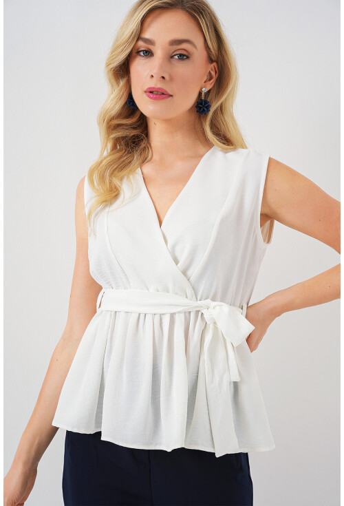 Kadın Kruvaze Yaka Kolsuz Bluz 966