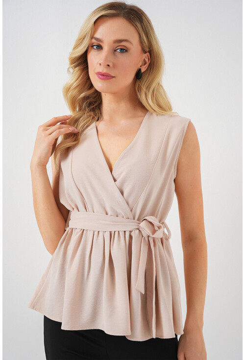 Kadın Kruvaze Yaka Kolsuz Bluz 966