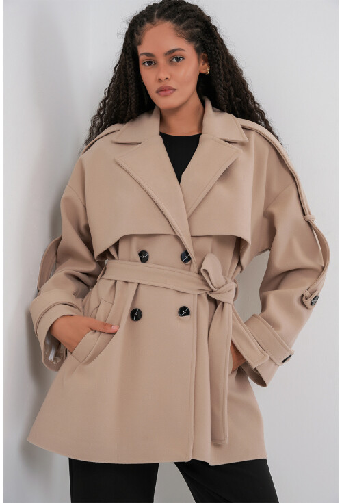 Kadın Kuşaklı Oversize Kaşe Kaban 9157