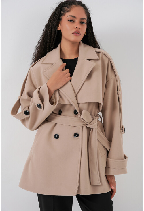 Kadın Kuşaklı Oversize Kaşe Kaban 9157
