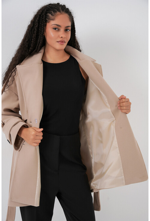 Kadın Kuşaklı Oversize Kaşe Kaban 9157