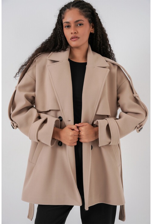 Kadın Kuşaklı Oversize Kaşe Kaban 9157