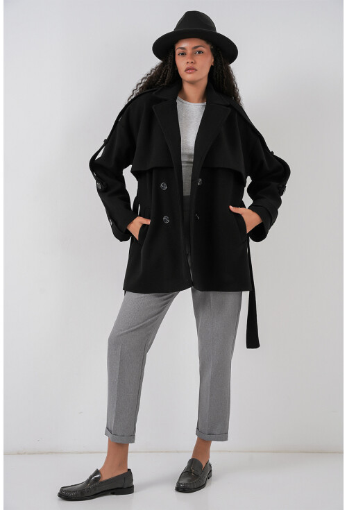 Kadın Kuşaklı Oversize Kaşe Kaban 9157