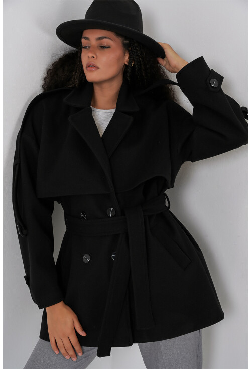 Kadın Kuşaklı Oversize Kaşe Kaban 9157