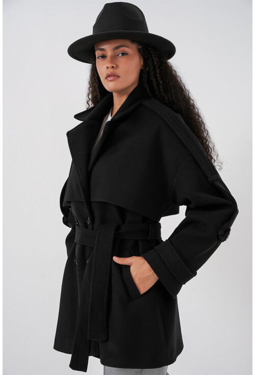 Kadın Kuşaklı Oversize Kaşe Kaban 9157