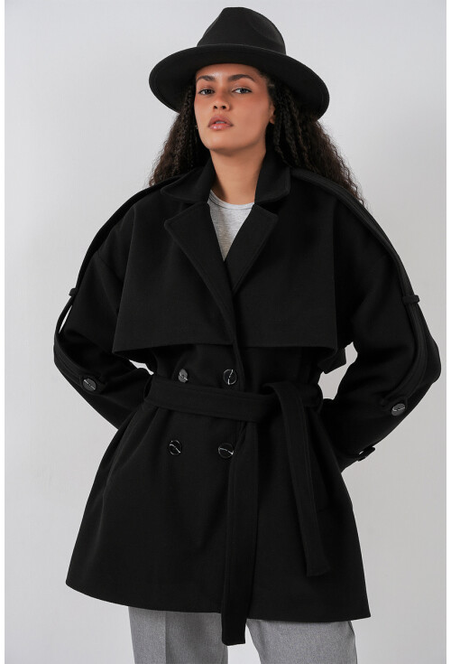 Kadın Kuşaklı Oversize Kaşe Kaban 9157