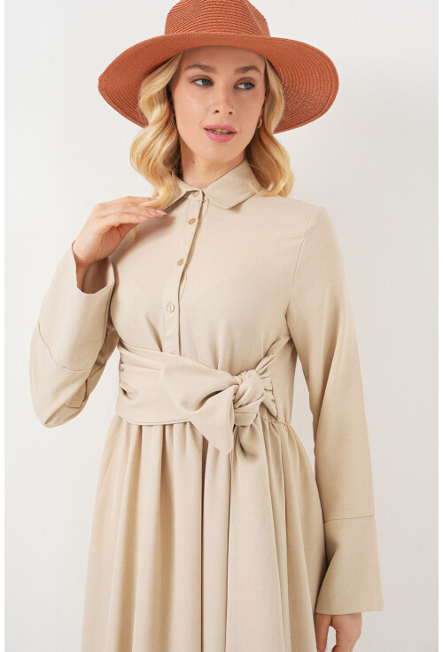 Kadın Önü Bağlamalı Keten Elbise 2574
