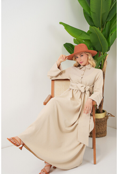 Kadın Önü Bağlamalı Keten Elbise 2574