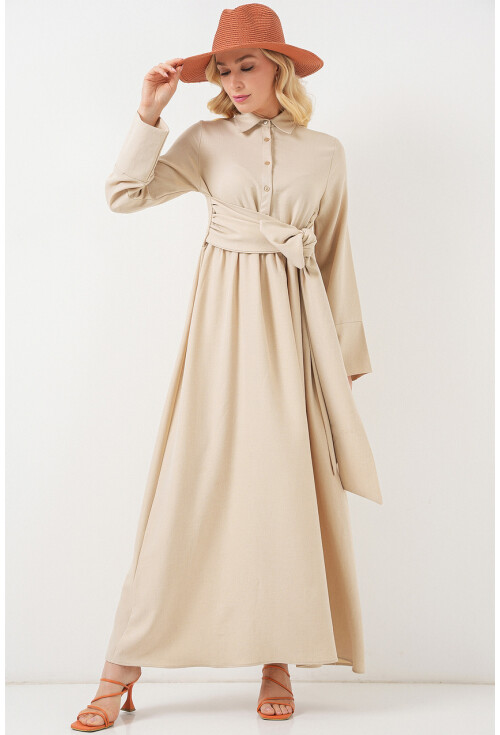Kadın Önü Bağlamalı Keten Elbise 2574