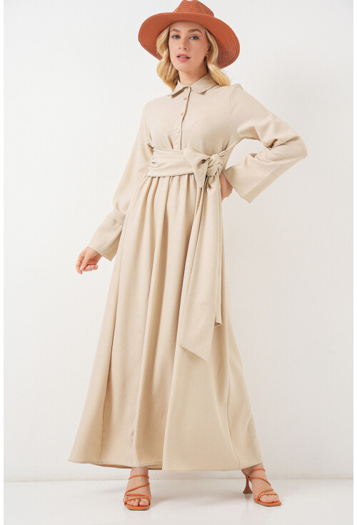Kadın Önü Bağlamalı Keten Elbise 2574