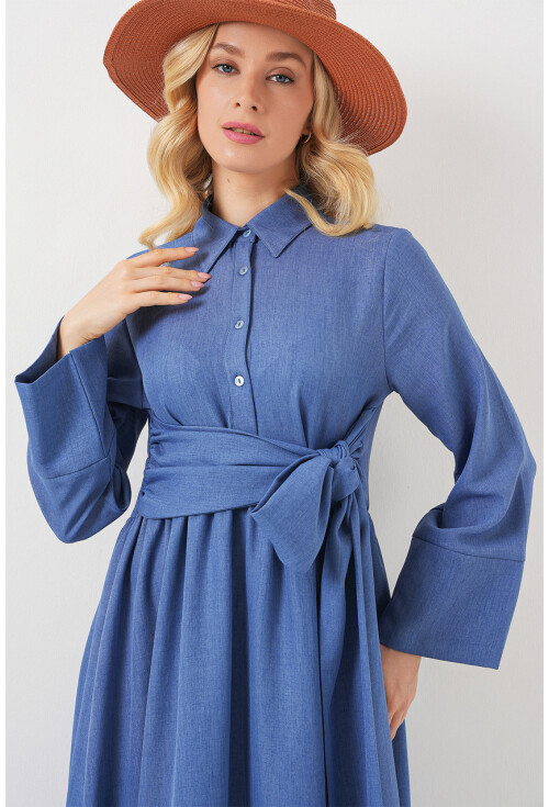 Kadın Önü Bağlamalı Keten Elbise 2574