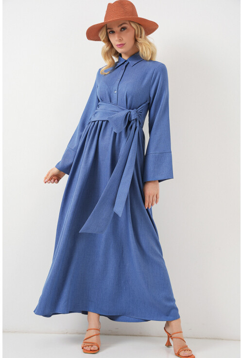 Kadın Önü Bağlamalı Keten Elbise 2574