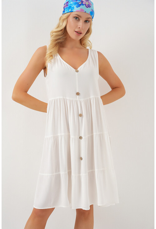 Kadın Sıfır Kol Düğmeli Kısa Elbise 2571