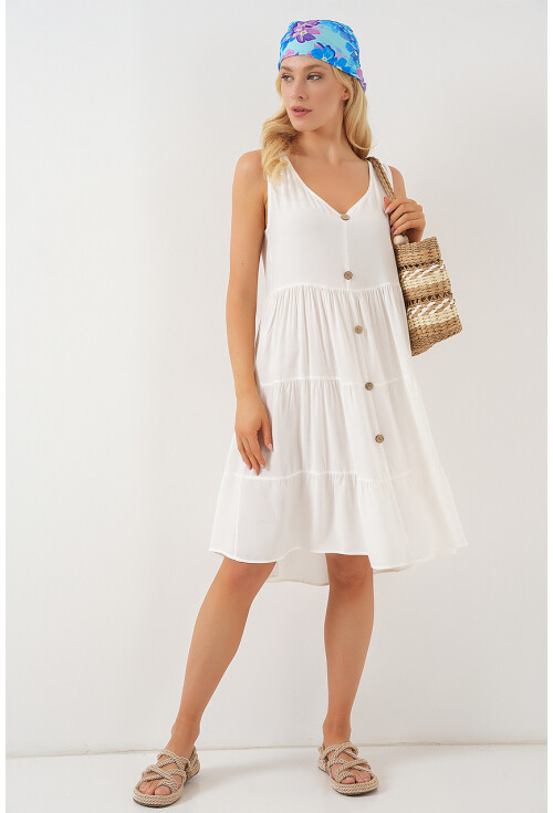 Kadın Sıfır Kol Düğmeli Kısa Elbise 2571