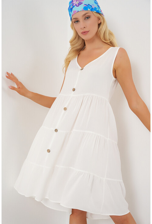 Kadın Sıfır Kol Düğmeli Kısa Elbise 2571