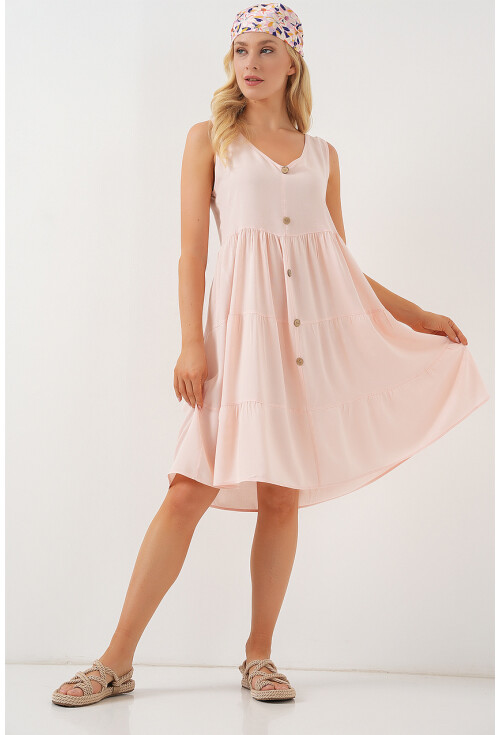 Kadın Sıfır Kol Düğmeli Kısa Elbise 2571