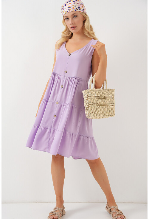 Kadın Sıfır Kol Düğmeli Kısa Elbise 2571